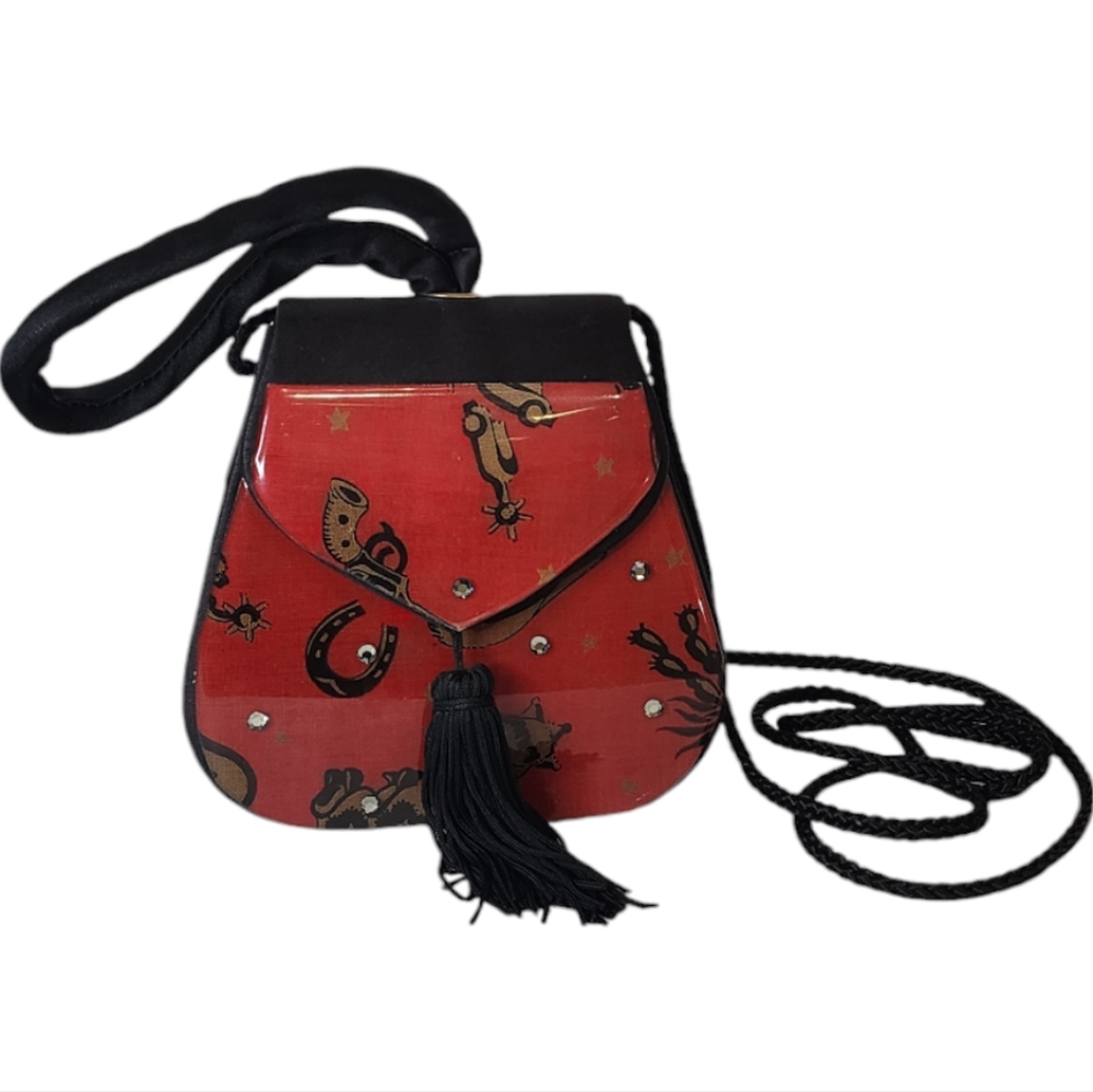 Vtg Angela Frascone Black Red Satin Resin‎ Purse Western Motif tassel bling